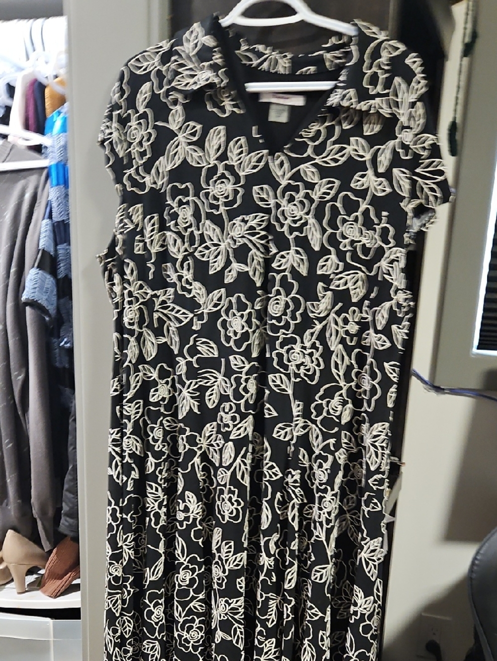 TanJay Black Midi Dress with White Floral Outline Cap Sleeve With Collar